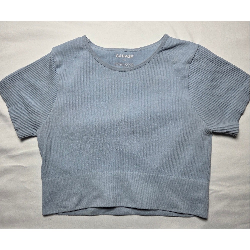 Garage Seamless Ribbed Crop Top Light Blue Short Sleeve Crew Neck P/S